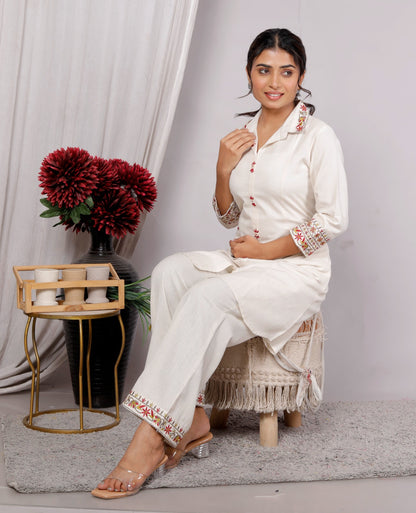 Magic White Embroidery Cotton Co Ord Set with Front Pocket