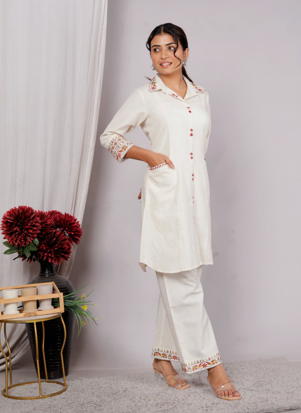 Magic White Embroidery Cotton Co Ord Set with Front Pocket