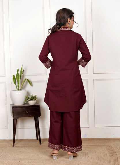 Dark Maroon Embroidery Cotton Flex Co-Ord Set With Front Pocket
