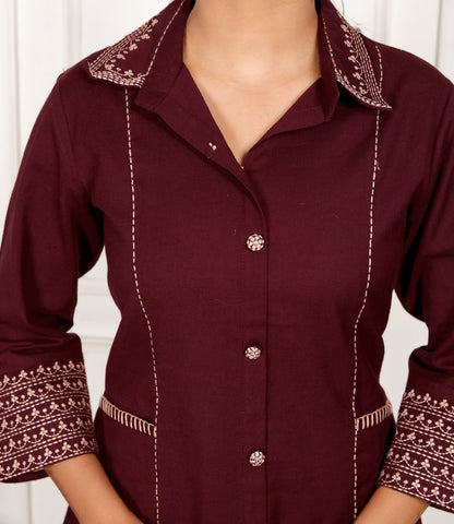 Dark Maroon Embroidery Cotton Flex Co-Ord Set With Front Pocket