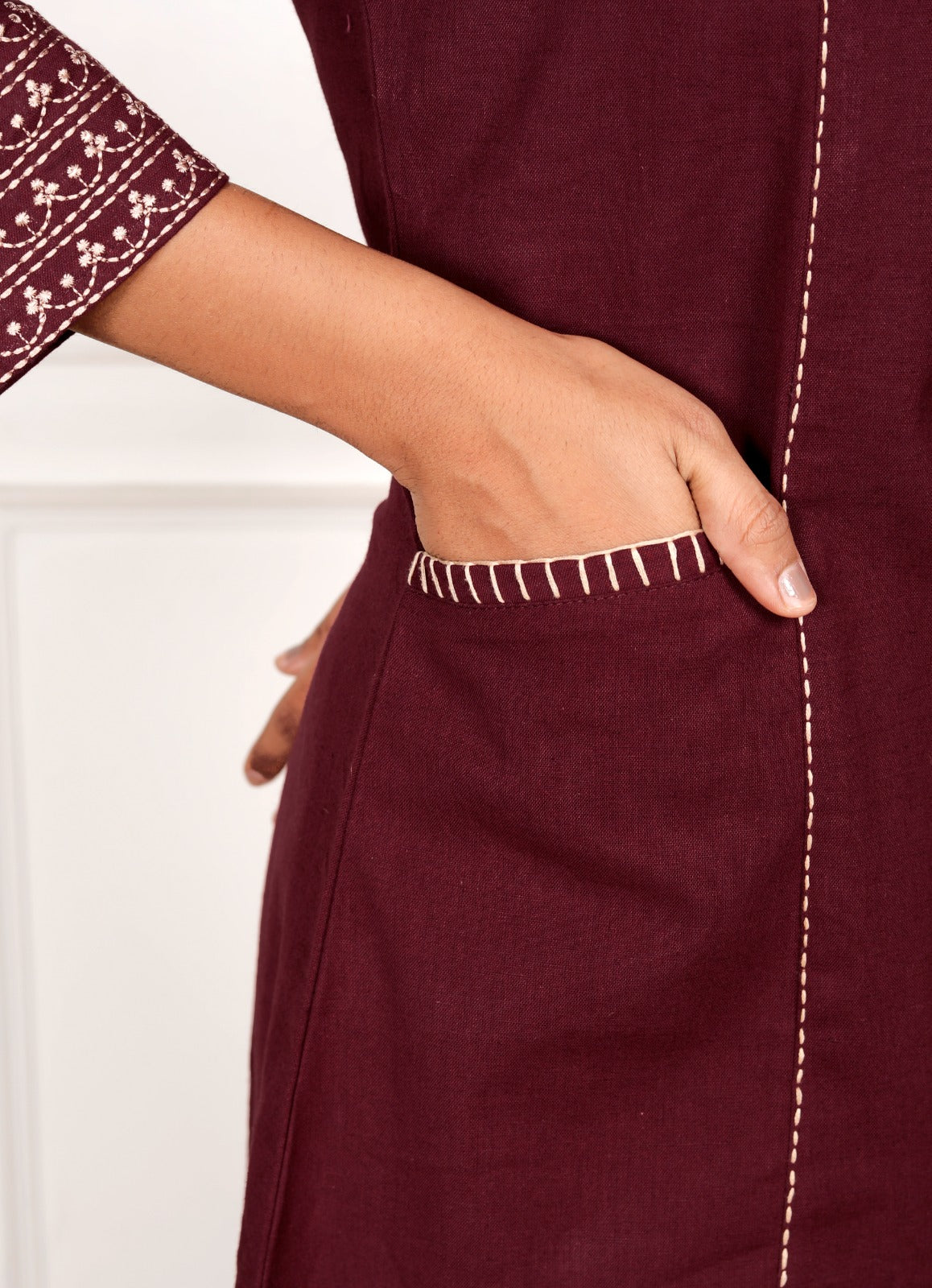 Dark Maroon Embroidery Cotton Flex Co-Ord Set With Front Pocket