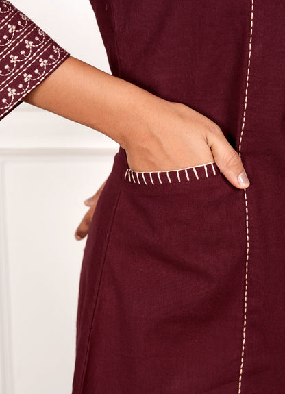 Dark Maroon Embroidery Cotton Flex Co-Ord Set With Front Pocket