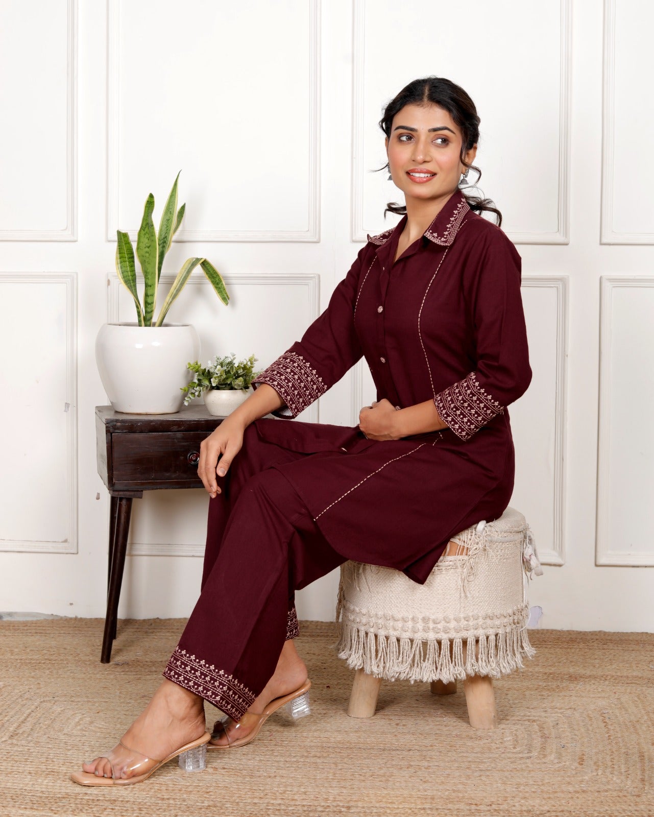 Dark Maroon Embroidery Cotton Flex Co-Ord Set With Front Pocket