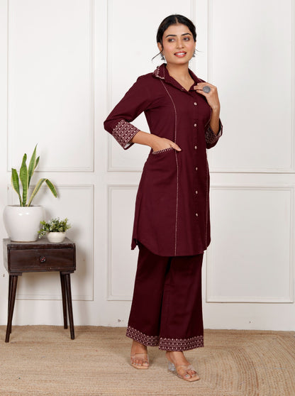 Dark Maroon Embroidery Cotton Flex Co-Ord Set With Front Pocket