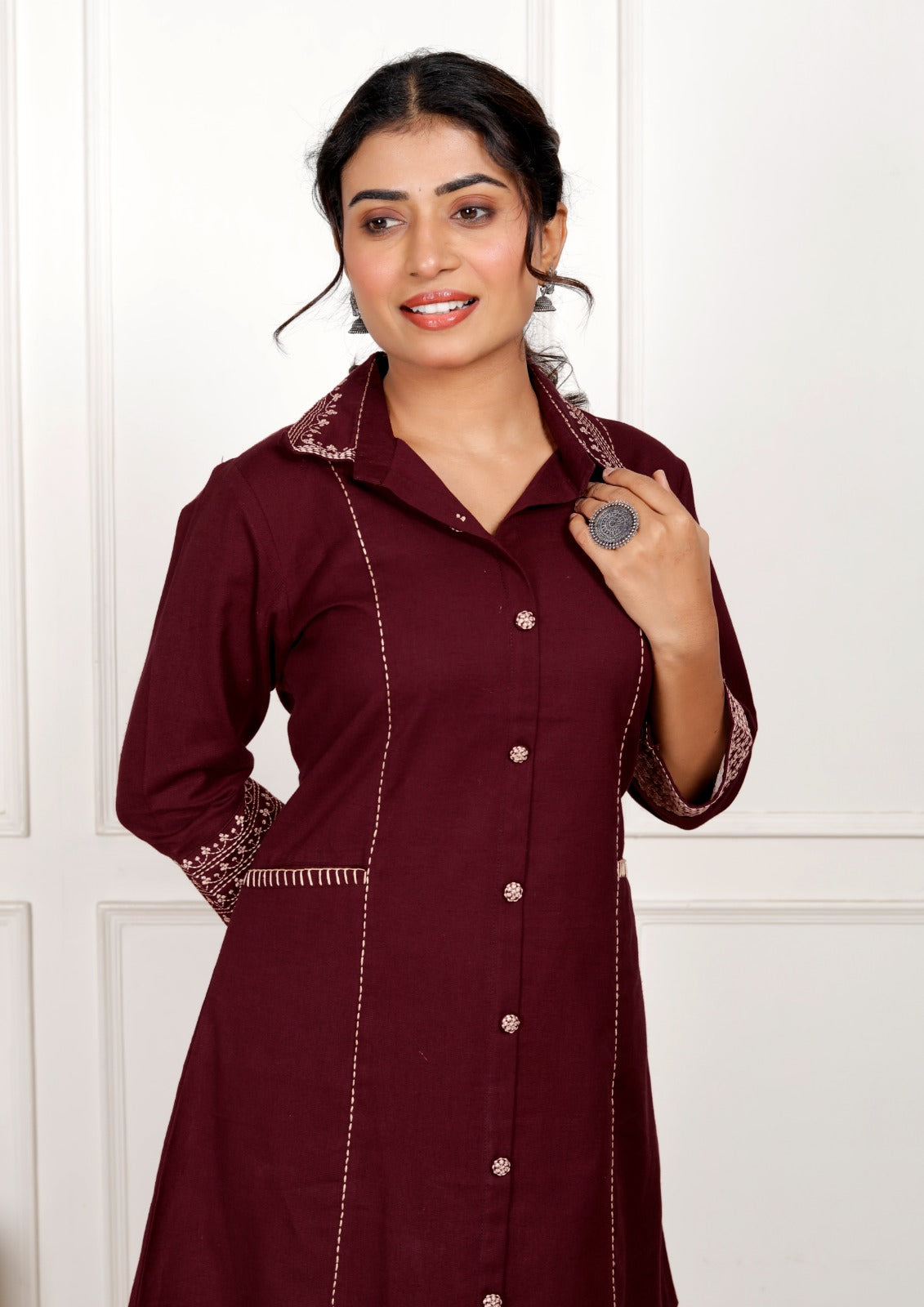 Dark Maroon Embroidery Cotton Flex Co-Ord Set With Front Pocket