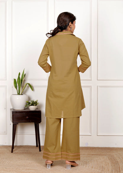 Coffee Beige Embroidery Cotton Co Ord Set with Front Pocket