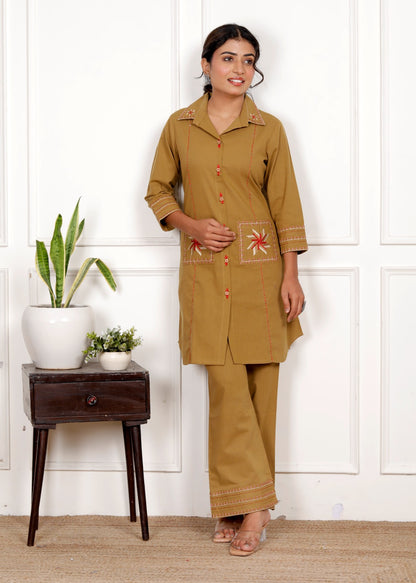 Coffee Beige Embroidery Cotton Co Ord Set with Front Pocket