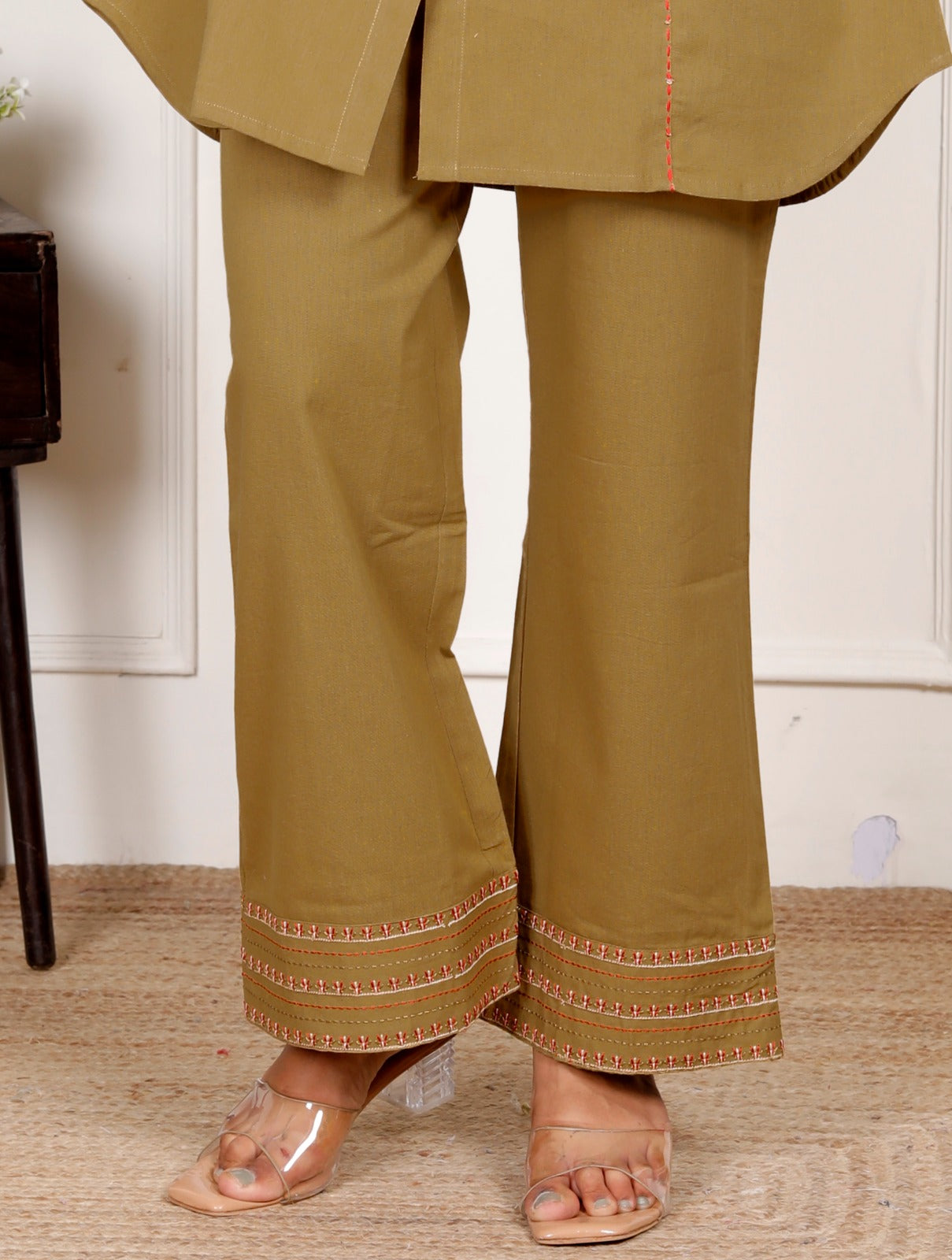 Coffee Beige Embroidery Cotton Co Ord Set with Front Pocket
