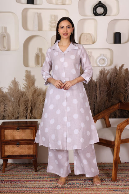 Beige with White Polka Dots Printed Long Co-Ord Set
