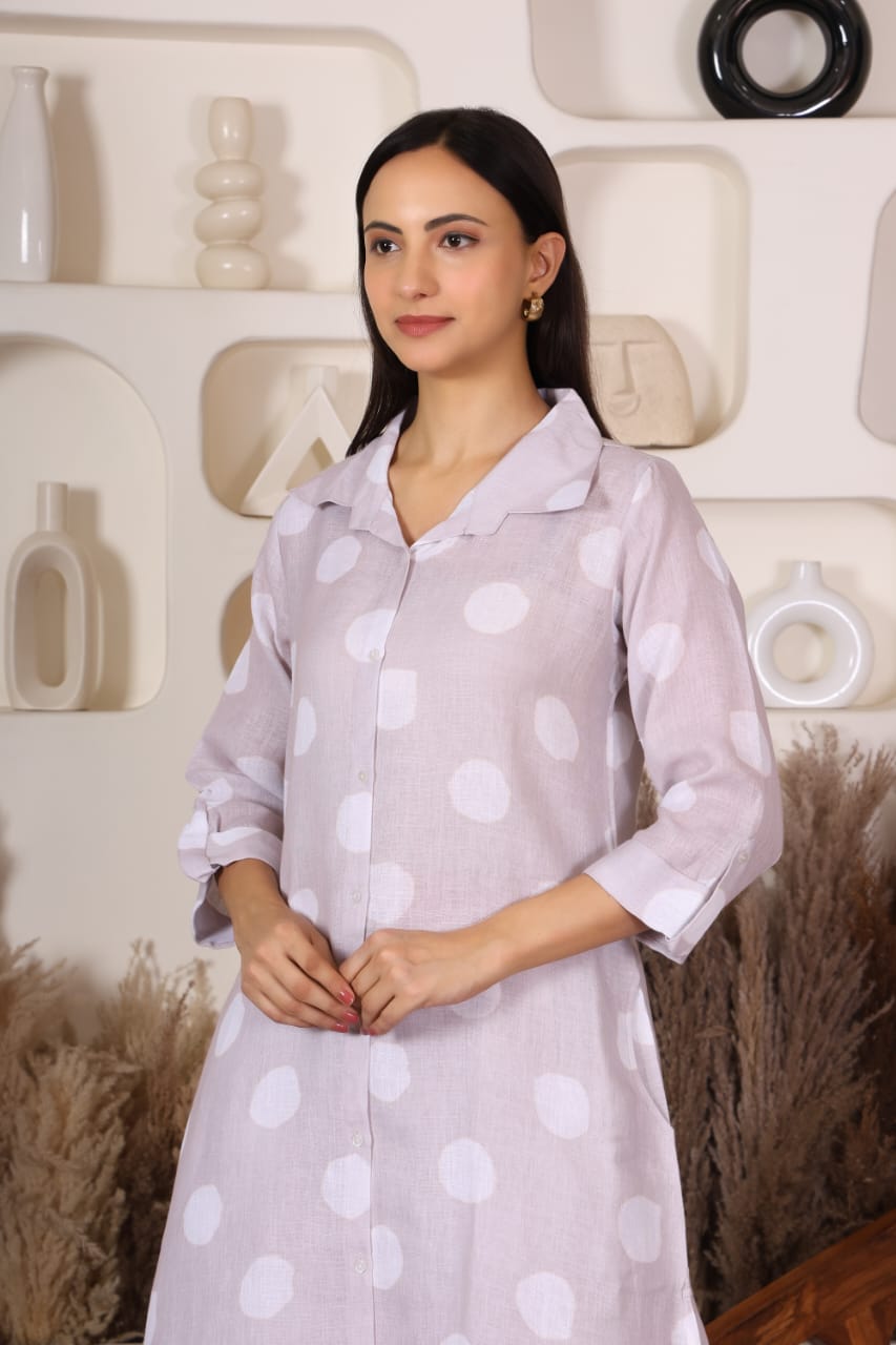 Beige with White Polka Dots Printed Long Co-Ord Set