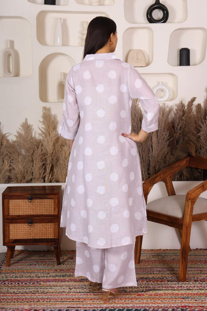 Beige with White Polka Dots Printed Long Co-Ord Set