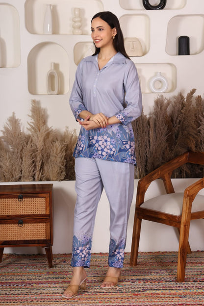 Summer Grey Floral Embroidered Co-ord Set – Summer Bloom Edition