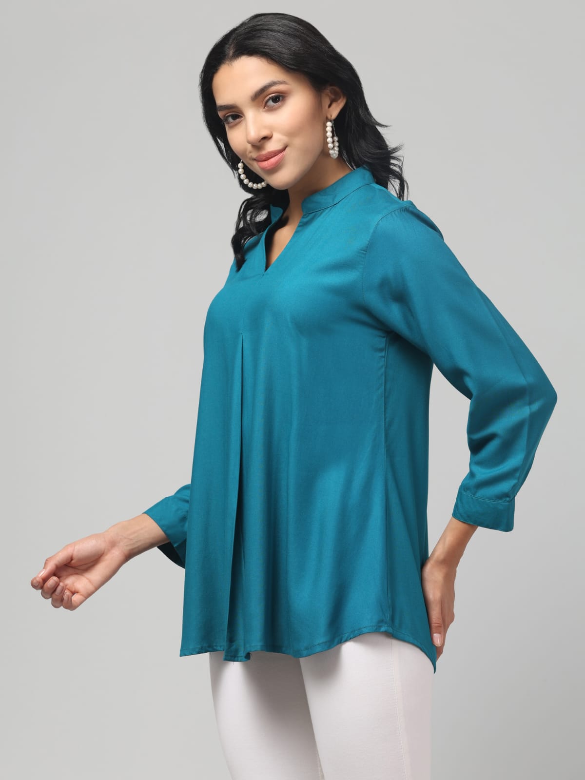 Ice Blue Rayon Pleated Top