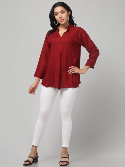 Maroon Rayon Pleated Top