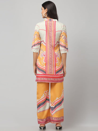 Artistic Yellow with elegant Printed Embroidery Co Ord Set