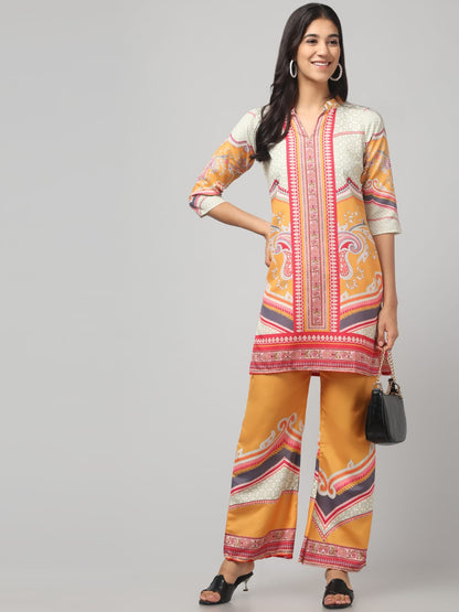 Artistic Yellow with elegant Printed Embroidery Co Ord Set