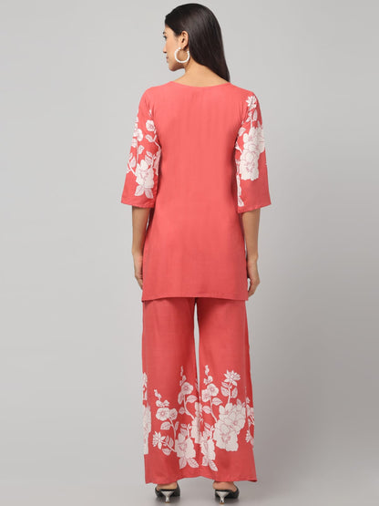 Floral Printed  Orange Red Co Ord Set