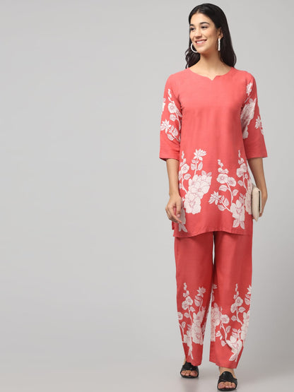 Floral Printed  Orange Red Co Ord Set