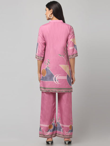 Aesthetic Pink With Embroidery Print Co Ord Set