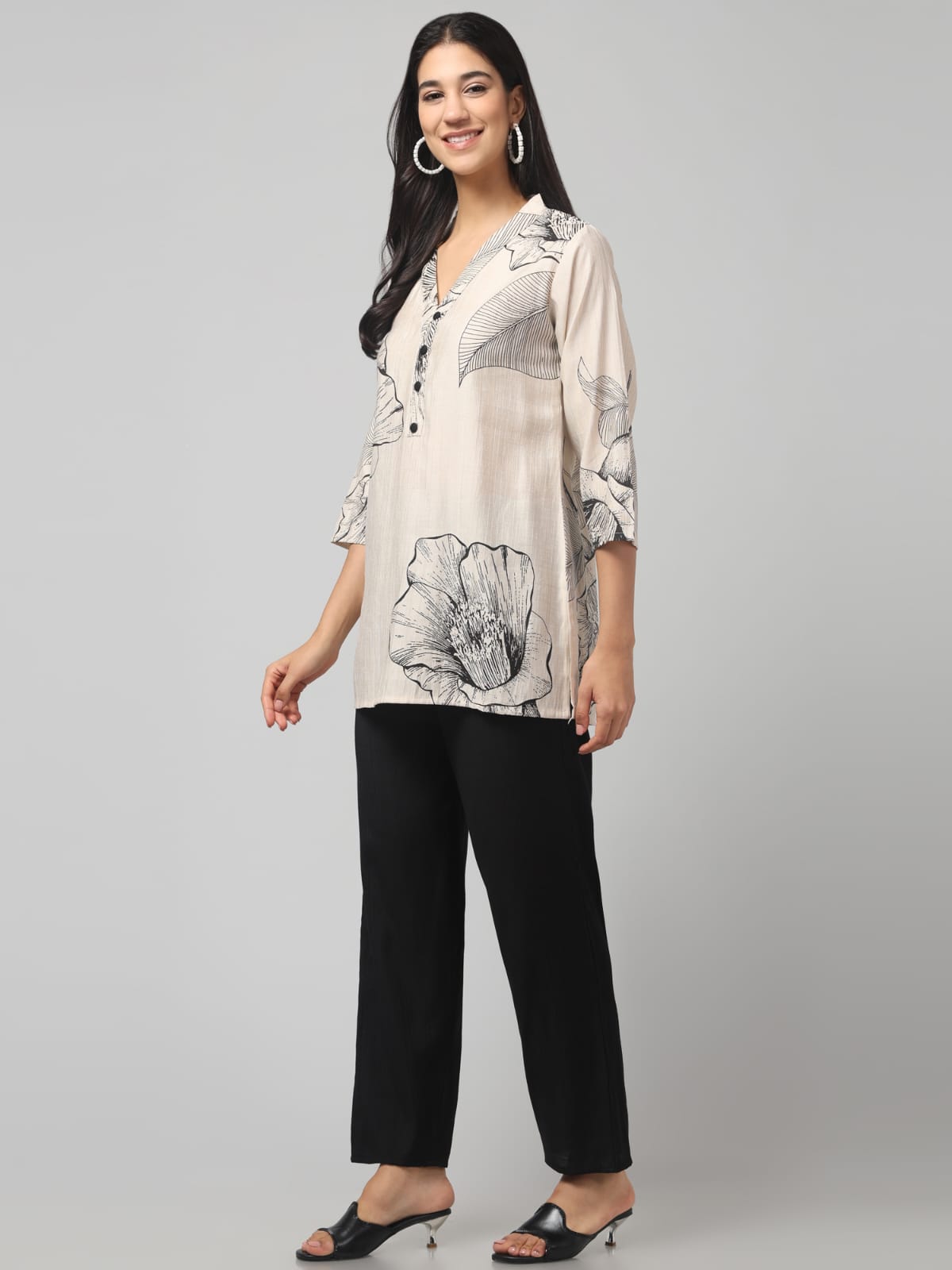 Contrast Off White Printed With Black Trouser Co Ord Set