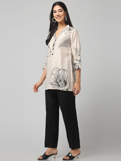 Contrast Off White Printed With Black Trouser Co Ord Set