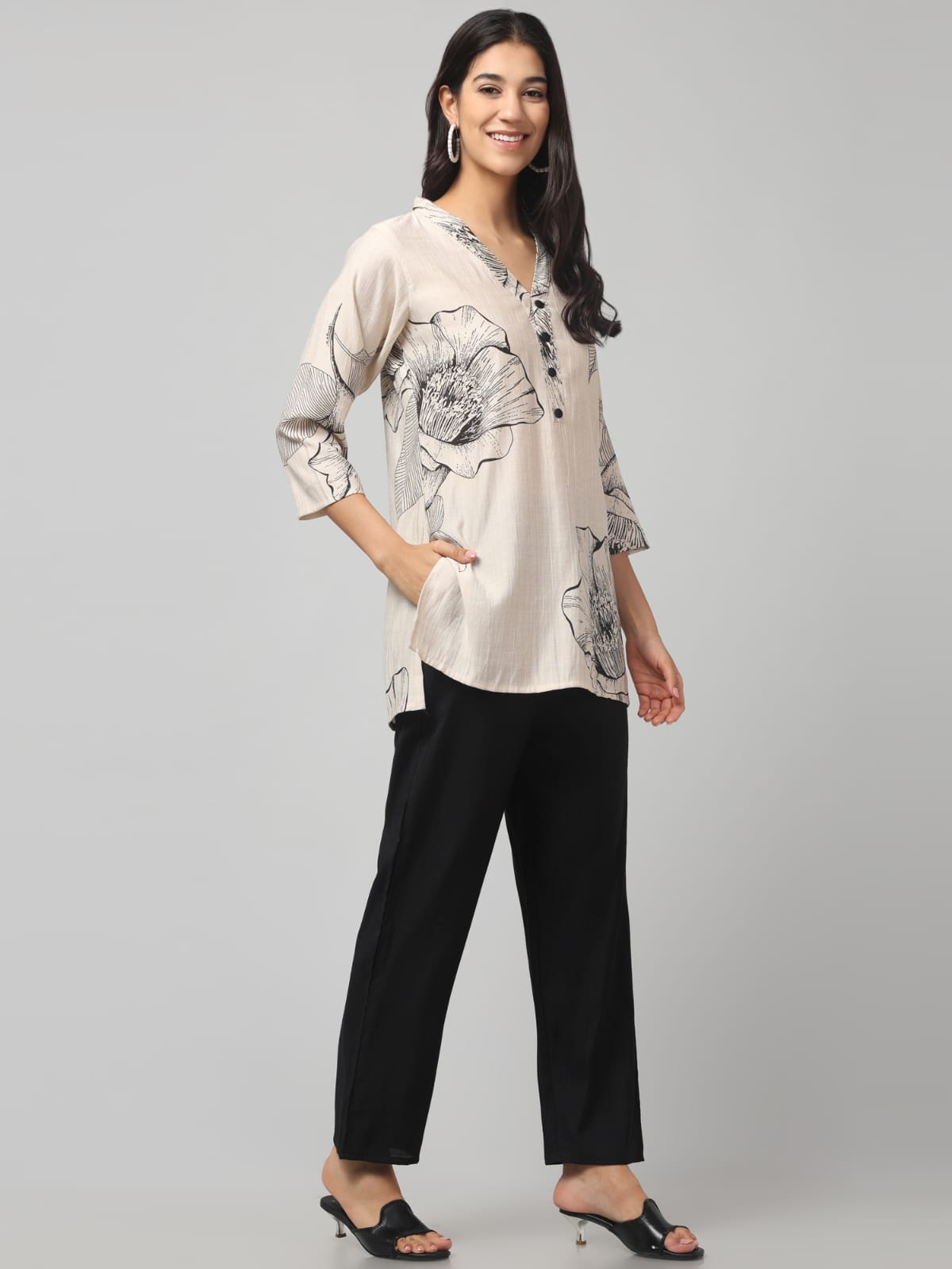Contrast Off White Printed With Black Trouser Co Ord Set
