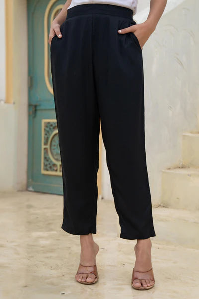 Black Solid Cotton Pants with Partially Elasticated Waistband