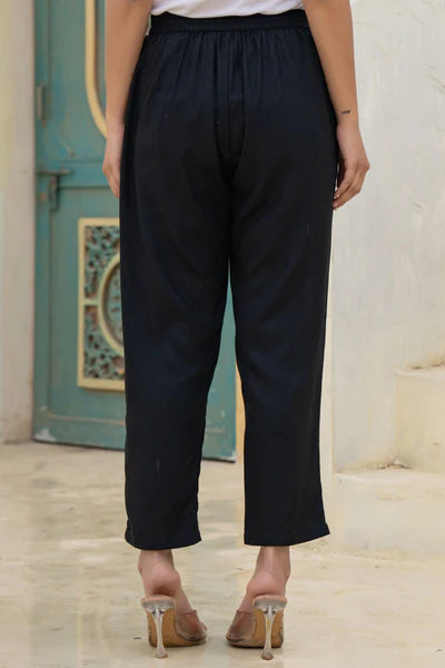 Black Solid Cotton Pants with Partially Elasticated Waistband