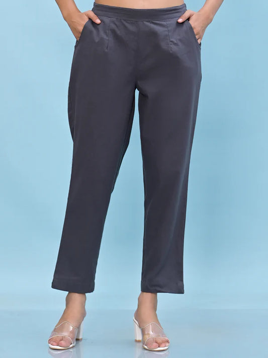 Grey Solid Cotton Pants with Partially Elasticated Waistband