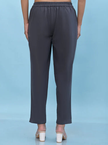 Grey Solid Cotton Pants with Partially Elasticated Waistband