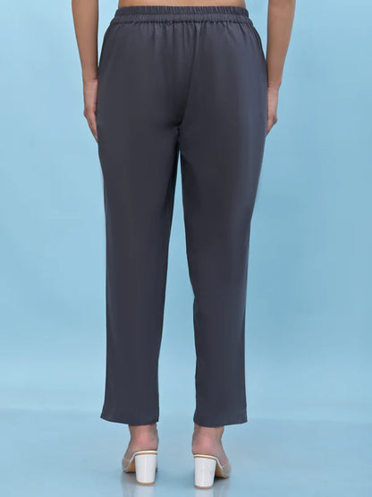 Grey Solid Cotton Pants with Partially Elasticated Waistband
