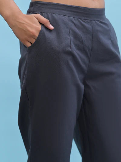 Grey Solid Cotton Pants with Partially Elasticated Waistband