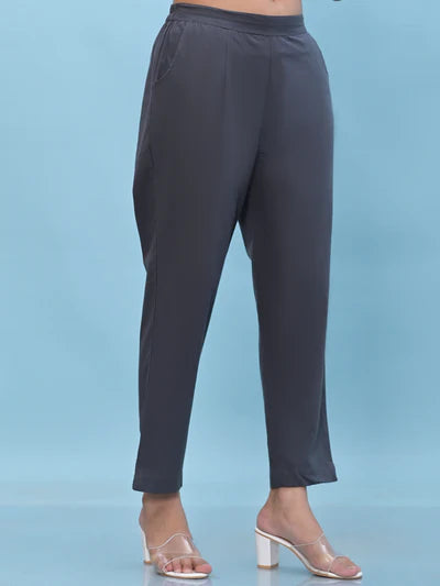 Grey Solid Cotton Pants with Partially Elasticated Waistband