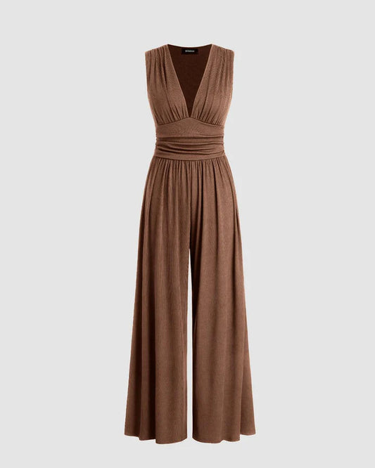 V-Neck Tie Back Wide Leg Brown Jumpsuit