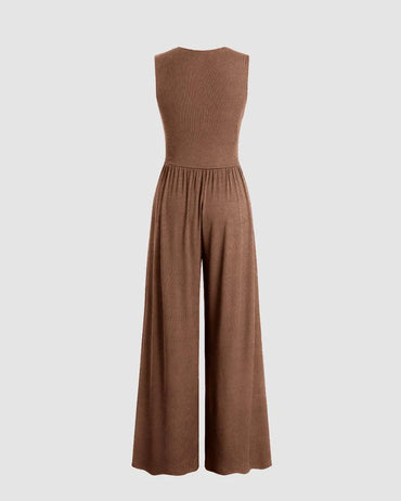 V-Neck Tie Back Wide Leg Brown Jumpsuit