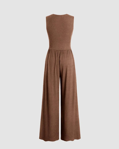 V-Neck Tie Back Wide Leg Brown Jumpsuit