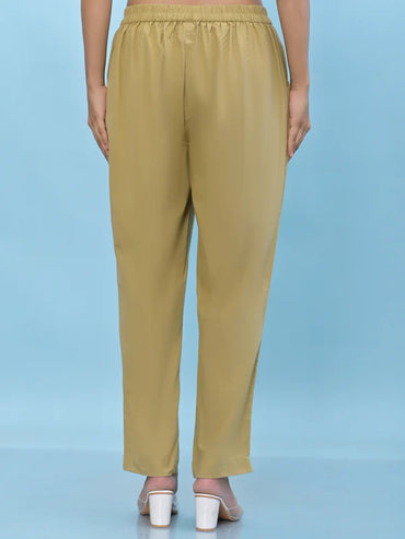 Women Olive Solid Cotton Pants with Partially Elasticated Waistband