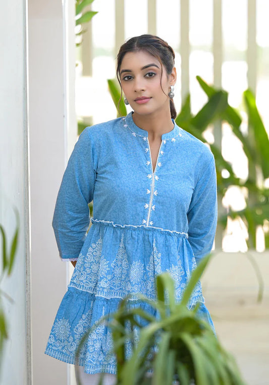 Indigo Blue Ethnic Motif Printed Cotton Tunic With Thread Work & Sequins