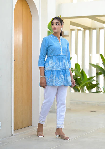 Indigo Blue Ethnic Motif Printed Cotton Tunic With Thread Work & Sequins