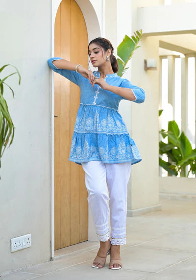Indigo Blue Ethnic Motif Printed Cotton Tunic With Thread Work & Sequins