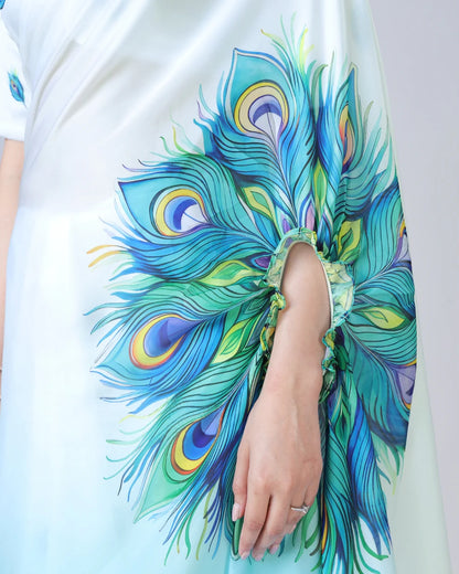 Hosita Blue Feather Ombre Freehand Designer Saree