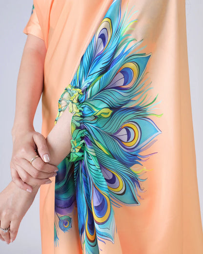 Hosita Light Orange Peacock Feather Freehand Designer Saree