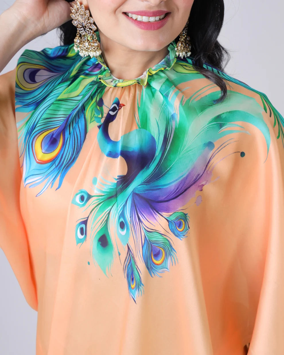 Hosita Light Orange Peacock Feather Freehand Designer Saree