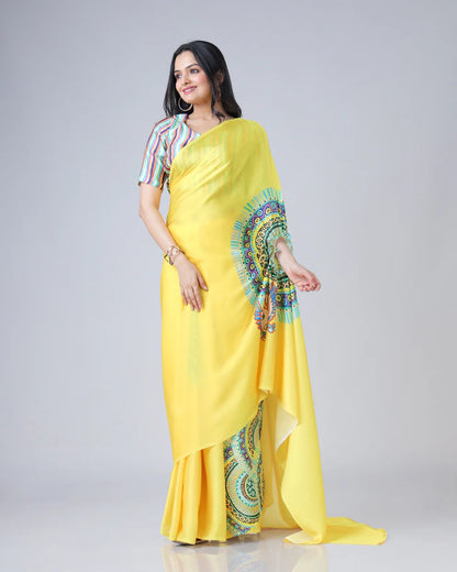Hosita Yellow Traditional Freehand Saree