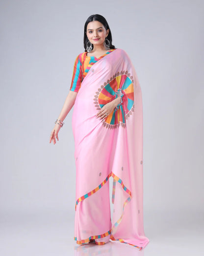 Hosita Pink Ethnic Contrast Border Freehand Designer Saree