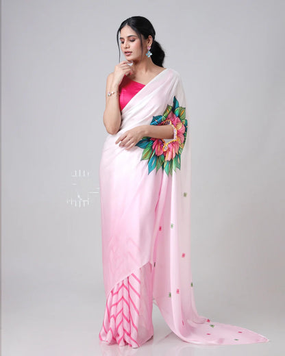 Hosita Pink Chevron Floral Freehand Designer Saree