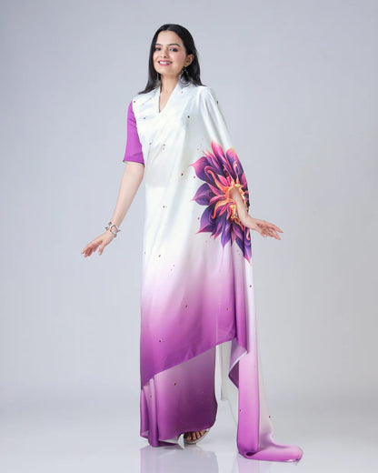 Hosita Violet Touch WoW Floral Ombre Freehand Designer Saree