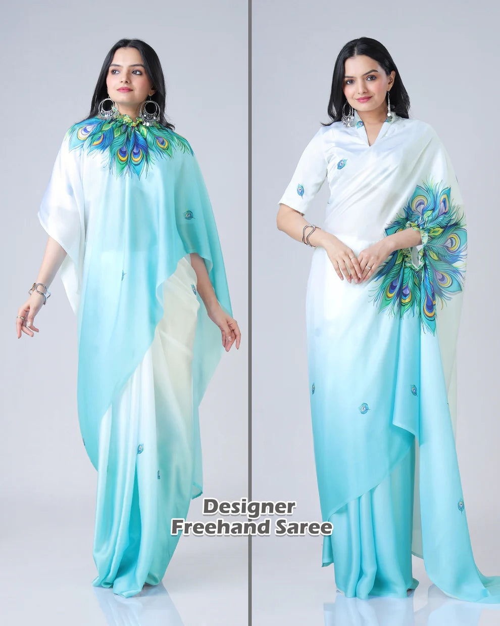 Hosita Blue Feather Ombre Freehand Designer Saree